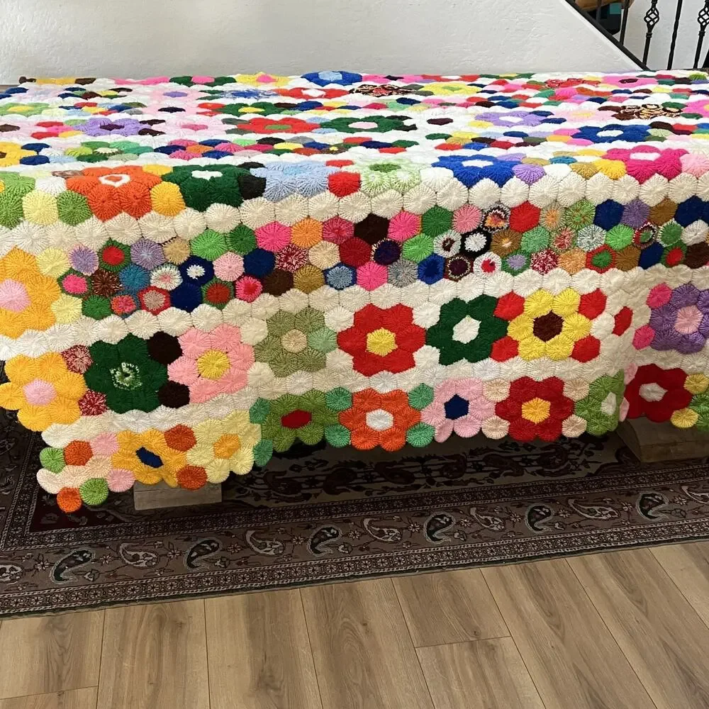 Vintage Grandmother's Flower Garden Crochet Afghan Blanket 79” x 84” Thick